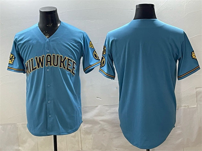Milwaukee Brewers Blank Blue JEROMEN With Home & Bob Uecker Patch Stitched Jersey