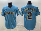 Milwaukee Brewers #2 Brice Turang Blue JEROMEN With Home & Bob Uecker Patch Stitched Jersey