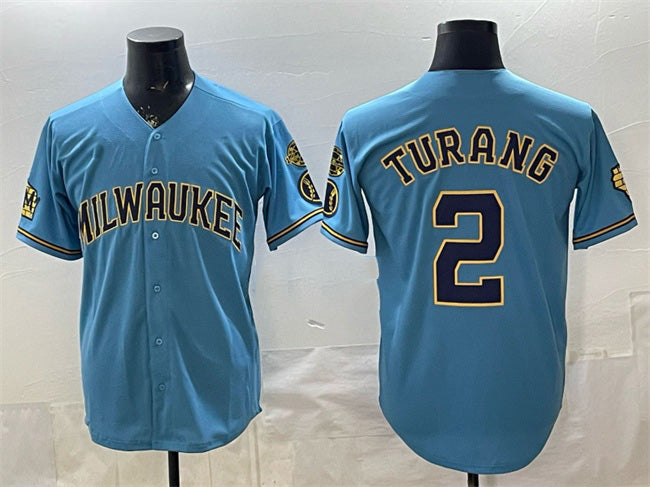 Milwaukee Brewers #2 Brice Turang Blue JEROMEN With Home & Bob Uecker Patch Stitched Jersey