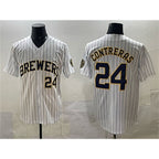 Milwaukee Brewers #24 William Contreras White JEROMEN Pinstripe 2025 With Patch Stitched Stitched Jersey
