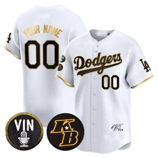 Custom Los Angeles Dodgers Vin Patch & Kobe Bryant Signature Vapor Premier Limited Jersey ¨C White Gold JEROMEN