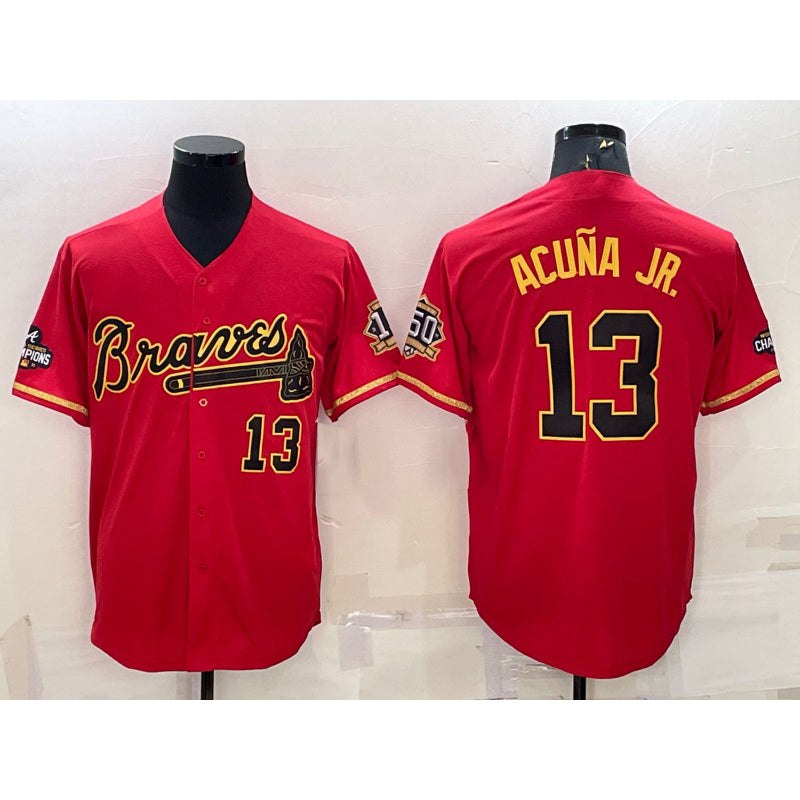 Atlanta Braves #13 JEROMENld Acuna Jr Red Gold JEROMEN World Series Champions Program Cool Base Stitched Jersey