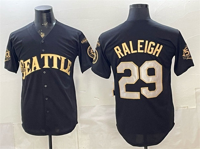 Seattle Mariners #29 Cal Raleigh Black Gold JEROMEN 50th Anniversary & AL West Division Champions Patch Vapor Limited Stitched ersey