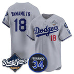 Los Angeles Dodgers #18 Yoshinobu Yamamoto Gray JEROMEN 2025 World Series With No. 34 Patch Limited Stitched Jersey
