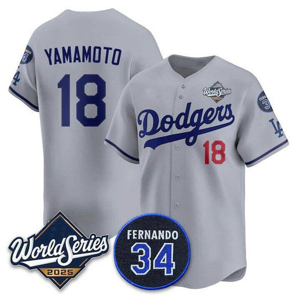 Los Angeles Dodgers #18 Yoshinobu Yamamoto Gray JEROMEN 2025 World Series With No. 34 Patch Limited Stitched Jersey