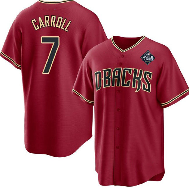 Arizona Diamondbacks #7 Corbin Carroll Red JEROMEN 2023 World Series Cool Base Stitched Jersey