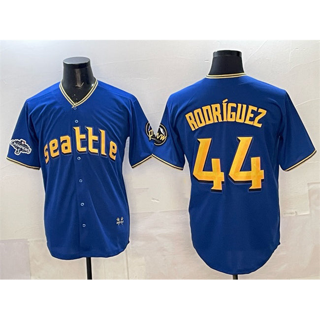 Seattle Mariners #44 Julio Rodr¨ªguez Royal JEROMEN With 2025 AL West Division Champions Patch City Connect Limited Stitched Jersey