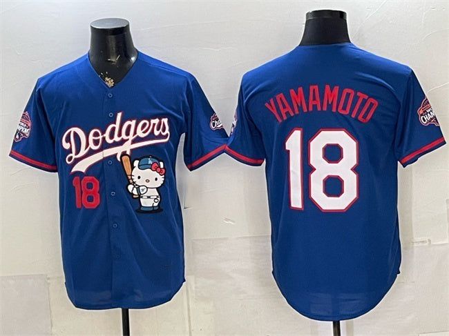 Los Angeles Dodgers #18 Yoshinobu Yamamoto Royal JEROMEN Hello Kitty Night 2025 World Series Champions Patch Stitched Jersey