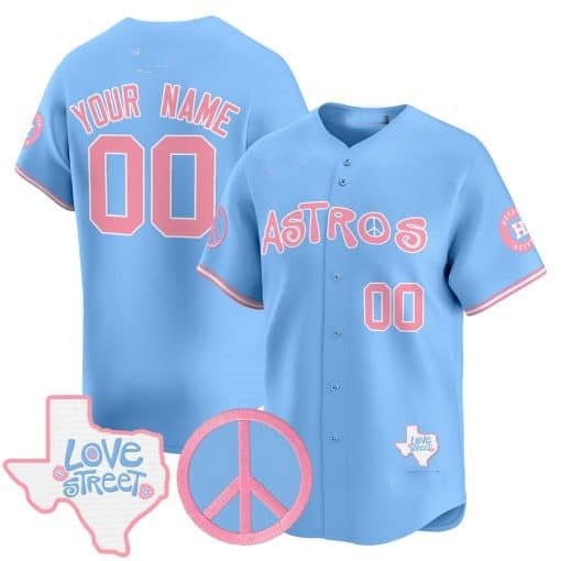 Custom Houston Astros Love Street & Peace Sign Patch Bubblegum Pink Vapor Premier Limited Jersey ¨C All Stitched Blue JEROMEN