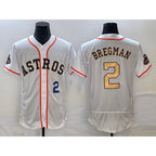 Houston Astros #2 Alex Bregman Number 2023 White Gold JEROMEN World Serise Champions Patch Flex Base Stitched Jersey 3