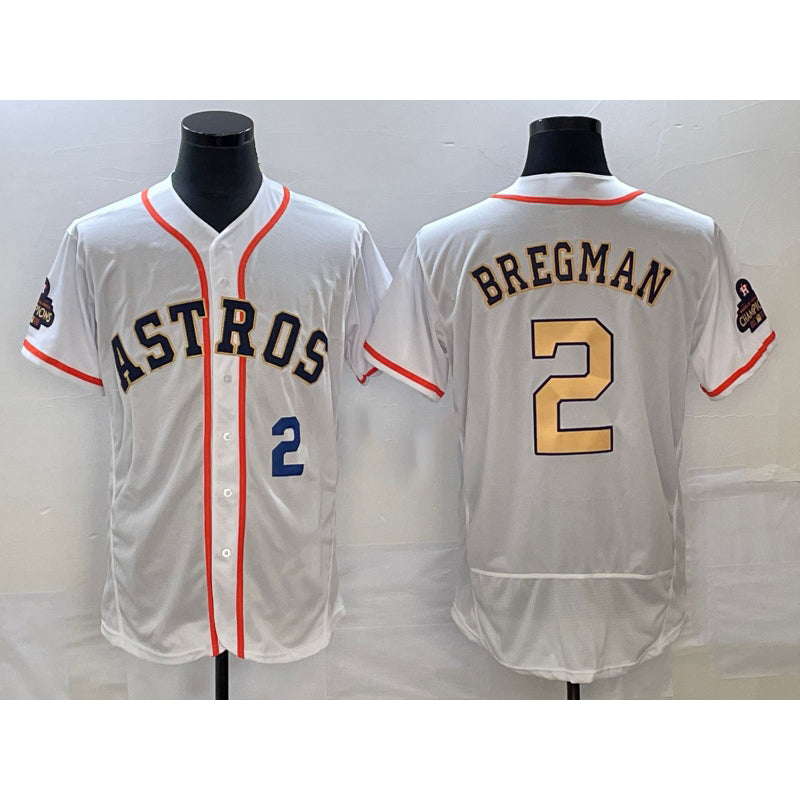 Houston Astros #2 Alex Bregman Number 2023 White Gold JEROMEN World Serise Champions Patch Flex Base Stitched Jersey 3