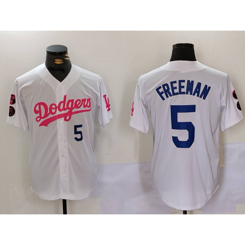 Los Angeles Dodgers #5 Freddie Freeman White Pink JEROMEN Vin & Kobe Patch Stitched Jersey1