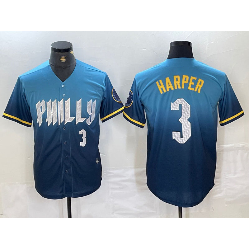 Philadelphia Phillies #3 Bryce Harper Number Blue JEROMEN 2024 City Connect Limited Stitched Jersey