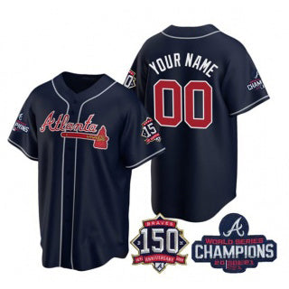 Custom Atlanta Braves Navy JEROMEN Active Player 2021 World Series Chimpions With 150th Anniversary Cool Base Stitched Jersey