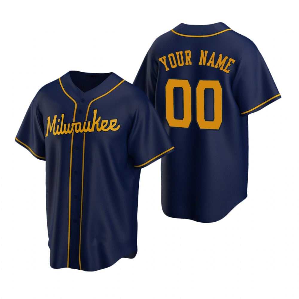 Custom Milwaukee Brewers Navy JEROMEN Stitched Cool Base Jersey