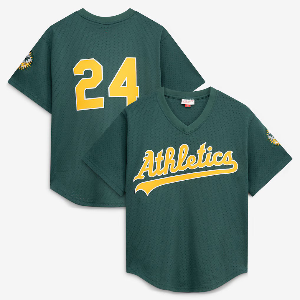 Oakland Athletics #24 Rickey Henderson Mitchell & Ness Green JEROMEN Authentic Batting Practice Jersey