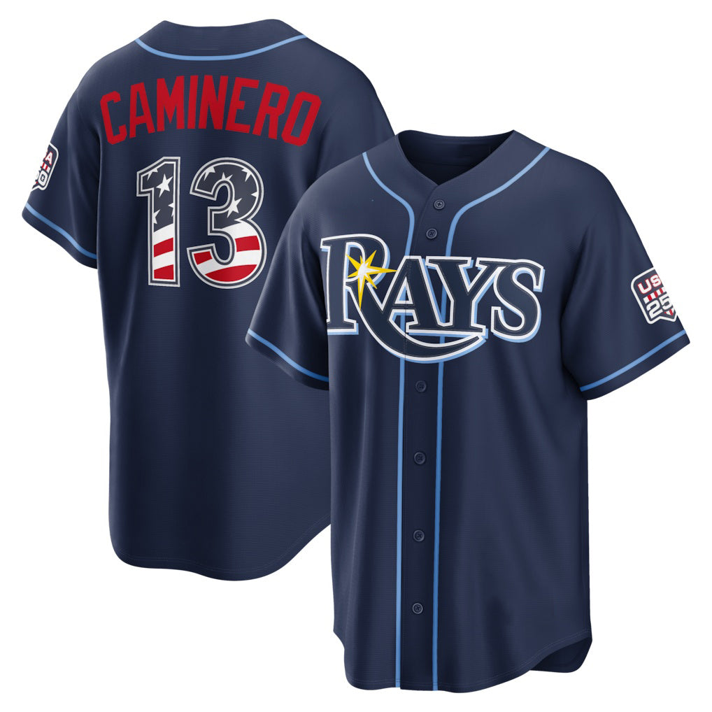 Tampa Bay Rays #13 Junior Caminero USA 250 Fourth of July Road Stadium Jersey - Navy JEROMEN