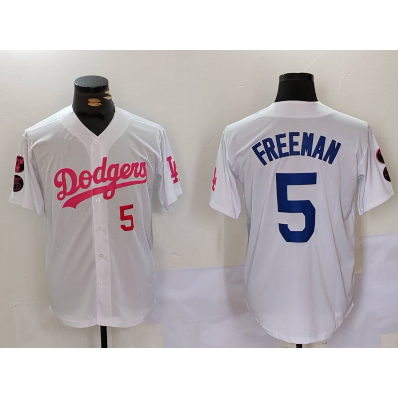 Los Angeles Dodgers #5 Freddie Freeman White Pink JEROMEN Vin & Kobe Patch Stitched Jerseys