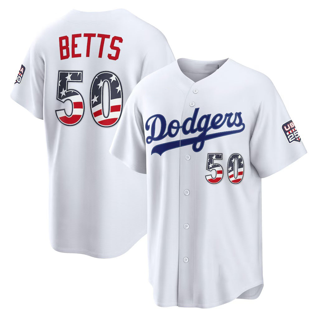 Los Angeles Dodgers #50 Mookie Betts White JEROMEN USA 250 Fourth of July Home Stadium Jersey