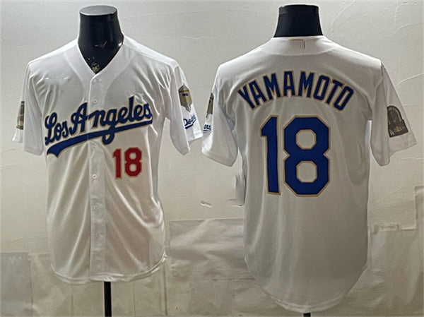 Los Angeles Dodgers #18 Yoshinobu Yamamoto White JEROMEN 2026 Gold Collection 9x & B2B Champs Patch Stitched Jersey
