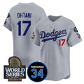 Los Angeles Dodgers #17 Shohei Ohtani Grey JEROMEN 2024 World Series With Fernando Memorial Patch Limited Stitched Jersey