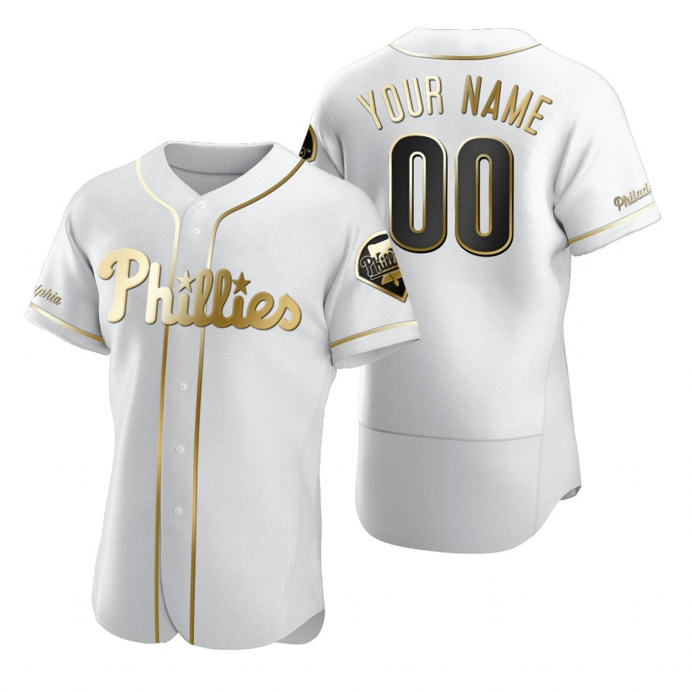 Custom Philadelphia Phillies White JEROMEN Stitched Flex Base Golden Edition Jersey