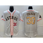 Houston Astros #30 Kyle Tucker Number 2023 White Gold JEROMEN World Serise Champions Patch Flex Base Stitched Jersey