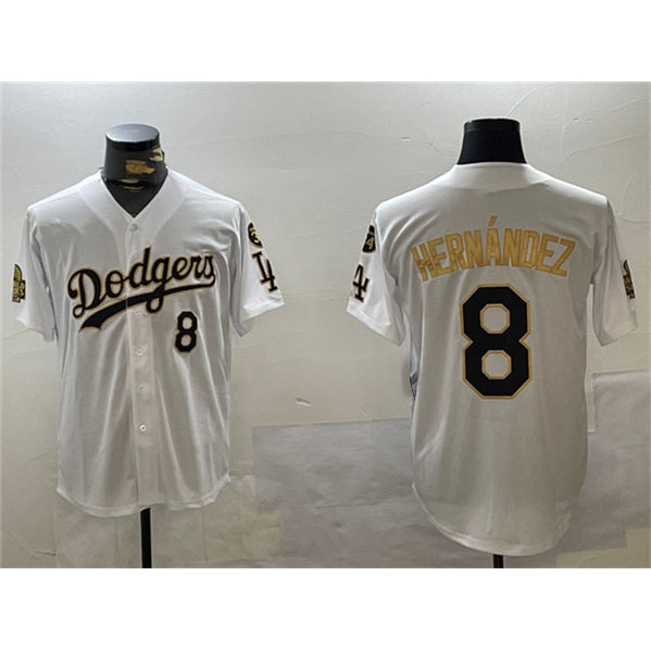 Los Angeles Dodgers #8 Enrique Hern¨¢ndez White JEROMEN Gold 2024 World Series With Fernando Memorial Patch Home Limited Stitched Jersey