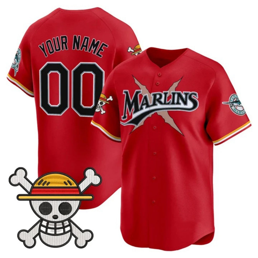 Custom Miami Marlins x One Piece Red JEROMEN Vapor Premier Limited Jersey - Stitched