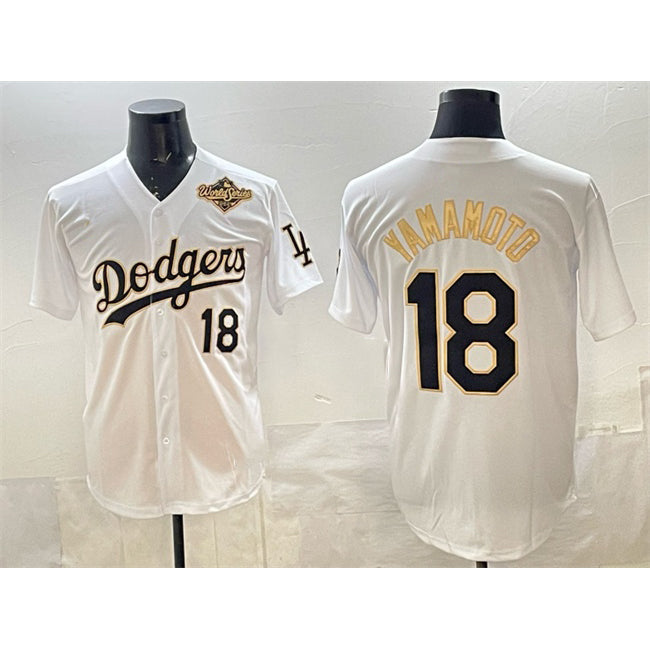 Los Angeles Dodgers #18 Yoshinobu Yamamoto White Gold JEROMEN 2025 World Series Patch Limited Stitched Jersey