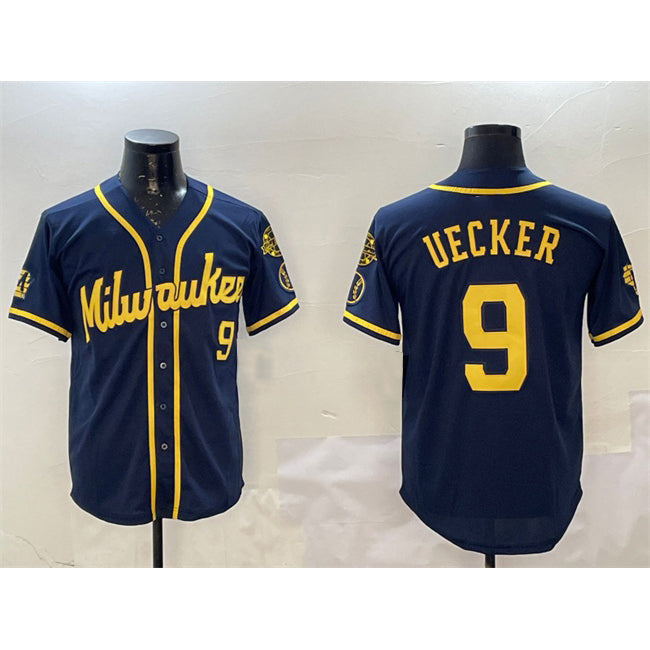 Milwaukee Brewers #9 Bob Uecker Navy JEROMEN With Home Patch Limited Stitched Jersey