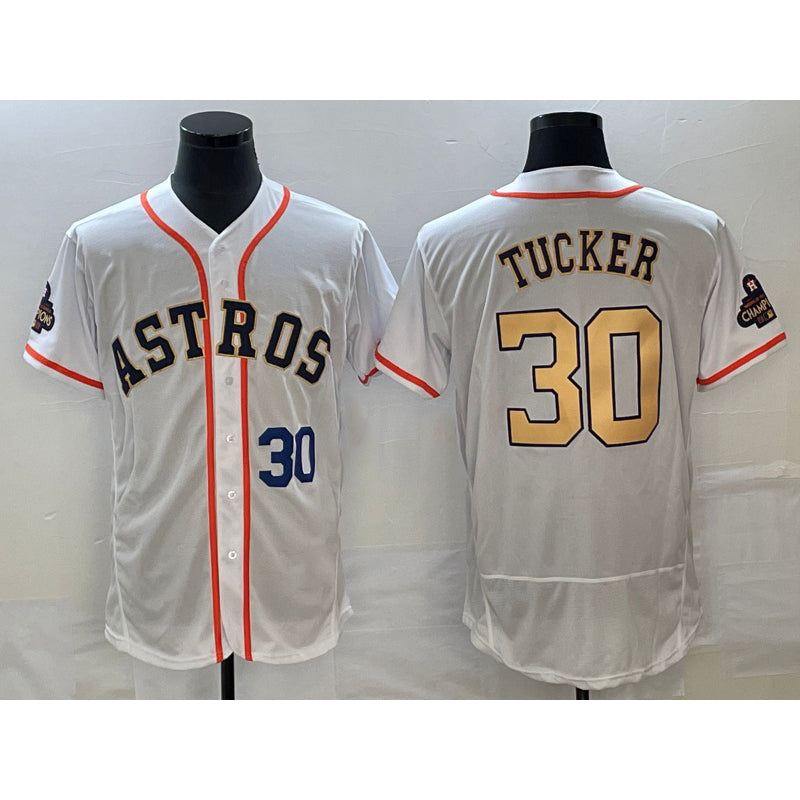 Houston Astros #30 Kyle Tucker Number 2023 White Gold JEROMEN World Serise Champions Patch Flex Base Stitched Jersey 3