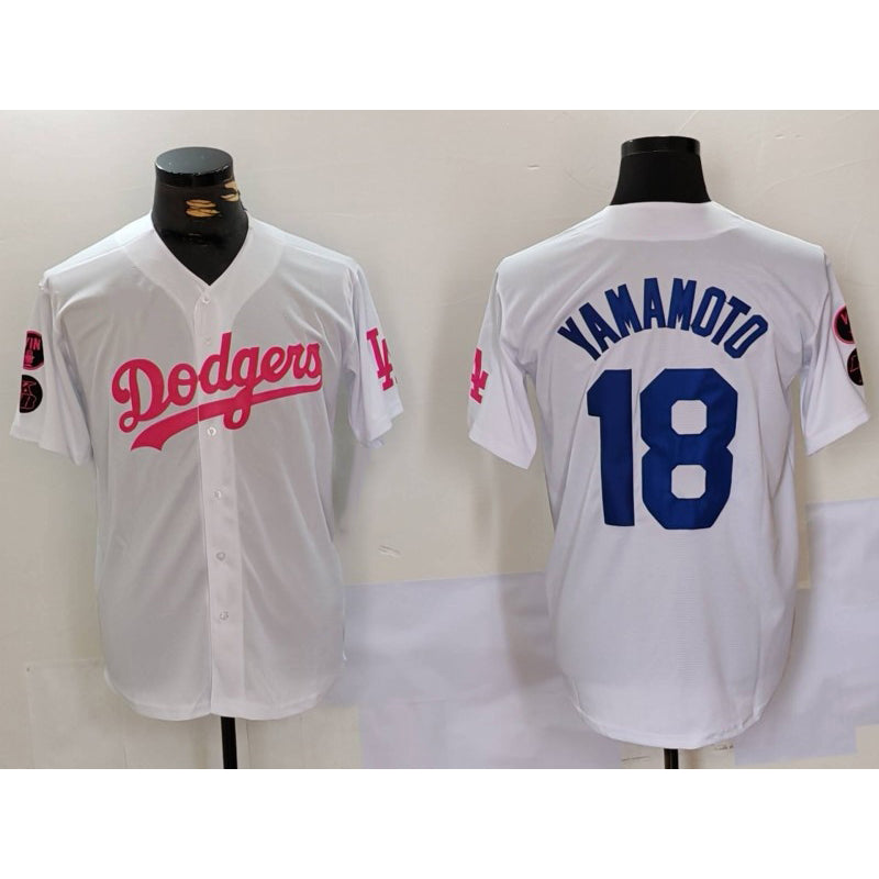 Los Angeles Dodgers #18 Yoshinobu Yamamoto White Pink JEROMEN Vin & Kobe Patch Stitched Jersey1