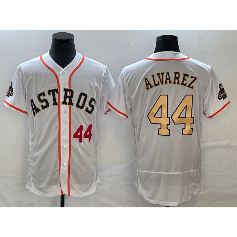 Houston Astros #44 Yordan Alvarez Number 2023 White Gold JEROMEN World Serise Champions Patch Flex Base Stitched Jersey