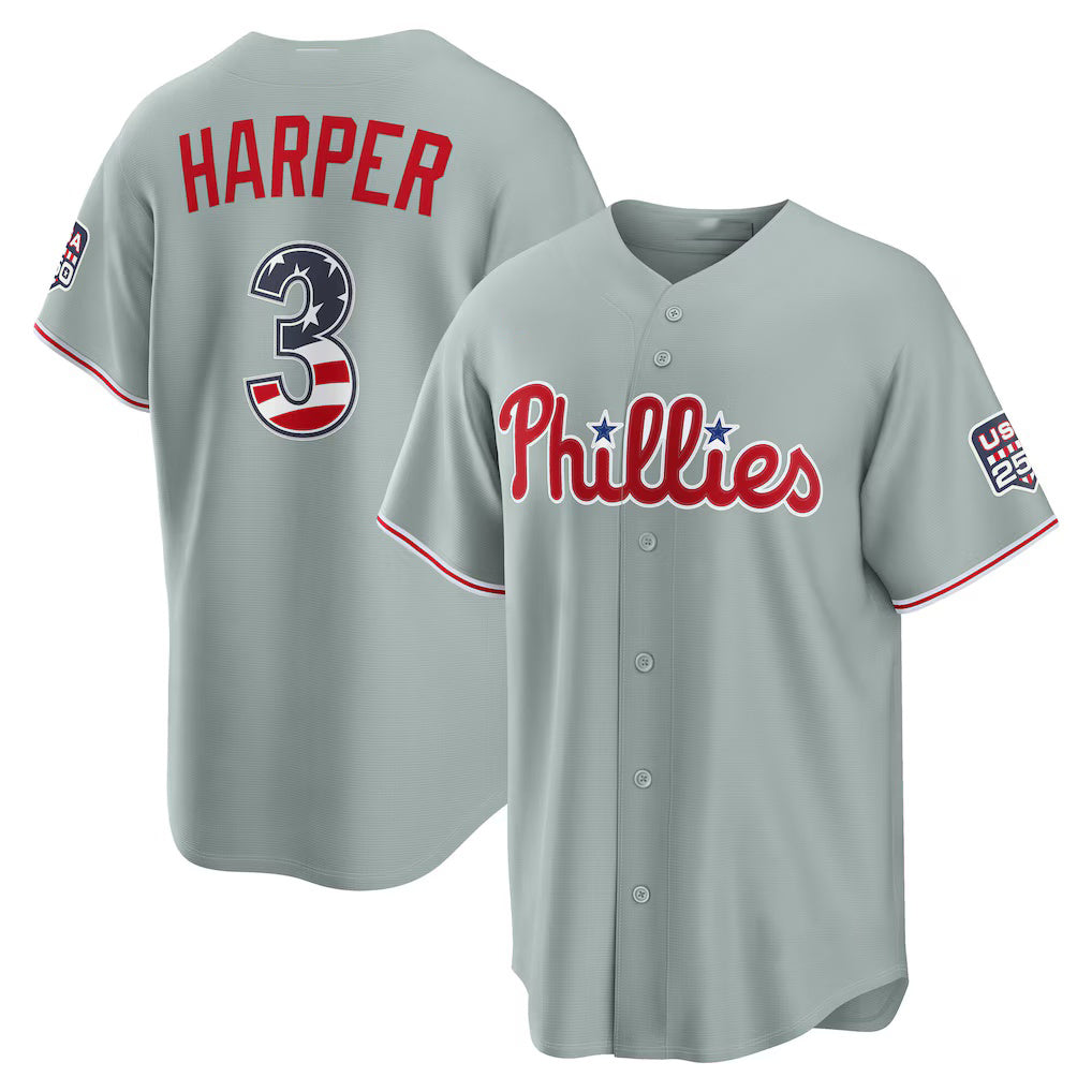 Philadelphia Phillies #3 Bryce Harper USA 250 Fourth of July Road Stadium Jersey - Gray JEROMEN