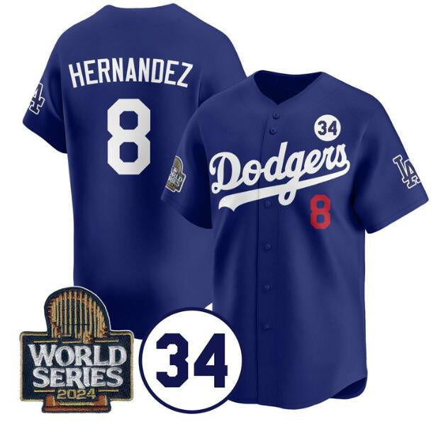 Los Angeles Dodgers #8 Enrique Hern¨¢ndez Royal JEROMEN 2024 World Series With No. 34 Patch Limited Stitched Jersey