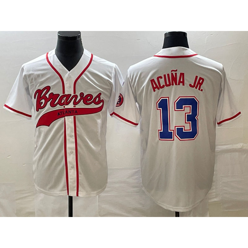 Atlanta Braves #13 JEROMENld Acuna Jr White JEROMEN Cool Base With Patch Stitched Jersey
