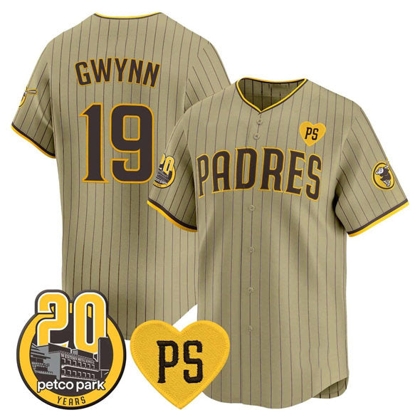 San Diego Padres #19 Tony Gwynn Tan JEROMEN 'For Peter' And Petco Park 20th Patch Limited Stitched Jersey