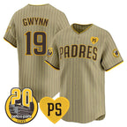 San Diego Padres #19 Tony Gwynn Tan JEROMEN 'For Peter' And Petco Park 20th Patch Limited Stitched Jersey