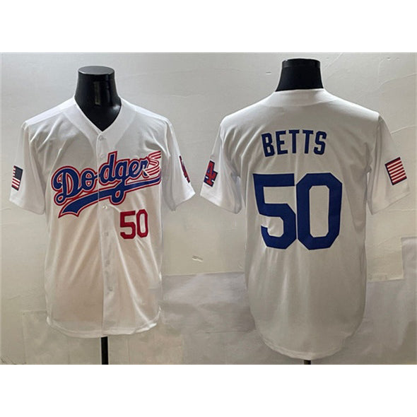 Los Angeles Dodgers #50 Mookie Betts White JEROMEN With American Flag Patch Limited Stitched Jersey