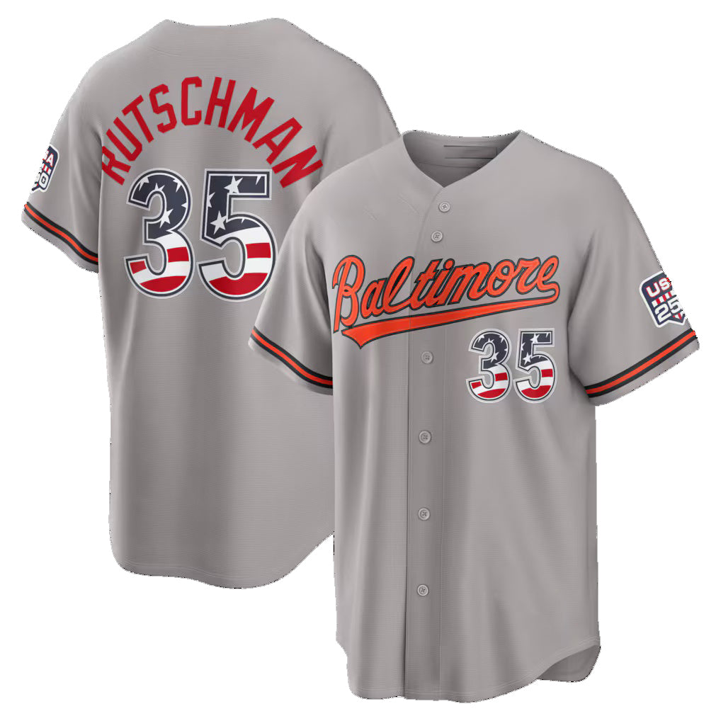 Baltimore Orioles #35 Adley Rutschman USA 250 Fourth of July Road Stadium Jersey - Gray JEROMEN