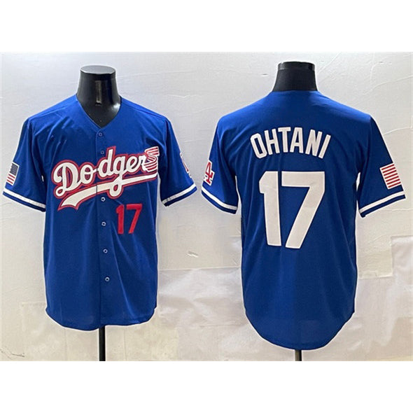 Los Angeles Dodgers #17 Shohei Ohtani Royal JEROMEN With American Flag Patch Limited Stitched Jersey