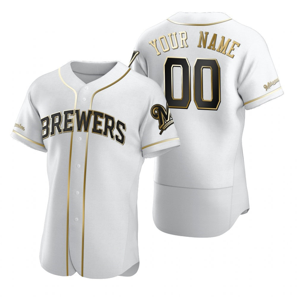 Custom Milwaukee Brewers White JEROMEN Stitched Flex Base Golden Edition Jersey